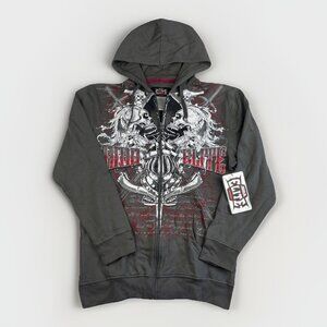 NWT MMA Elite Hoodie Gray Full Zip Up Small Y2K Goth Skull Punk Affliction Style